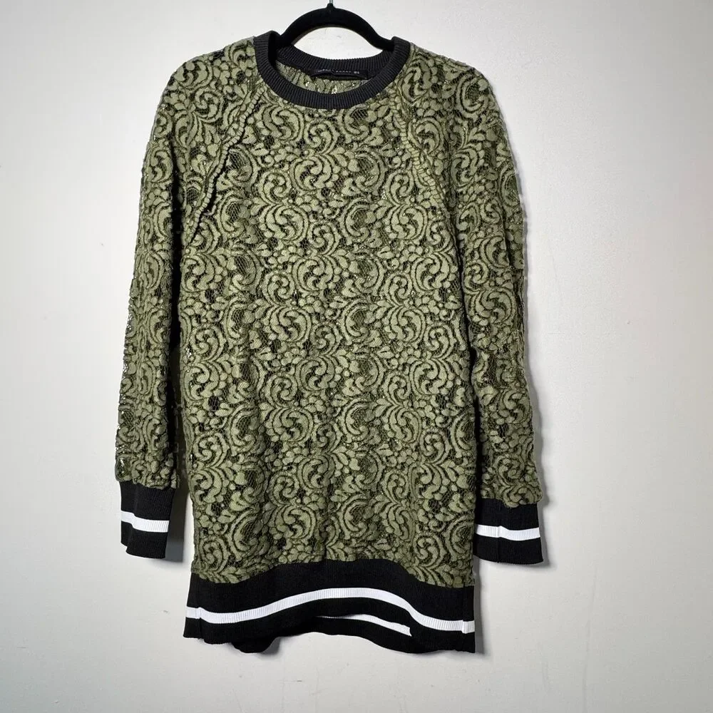 Zara Lace Tunic Top Green Sheer Long Sleeve Small Boho Chic Blouse